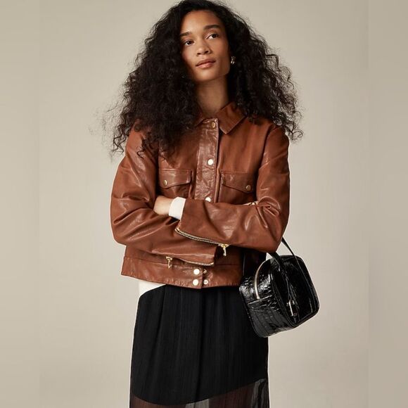 NWT $650 J CREW Collection leather shirt-jacket in Grizzly Brown - Picture 5 of 13